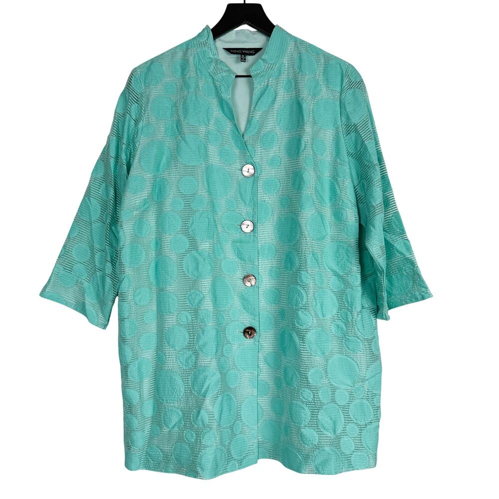 MING WANG Jacket Textured Stripes Dots Button Front Turquoise Blue - XL